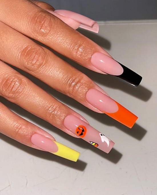 Candy Corn French Halloween Black Nails