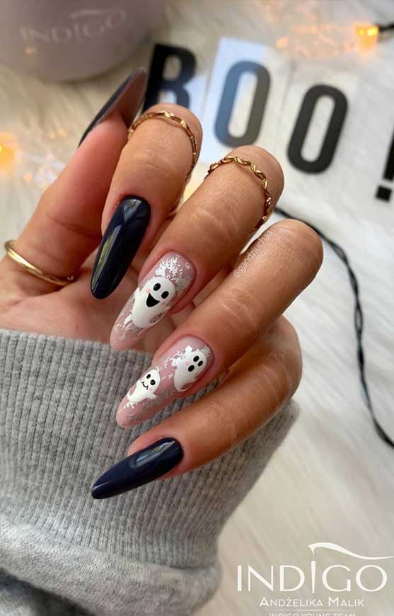 Navy Blue and Nude Halloween Nails