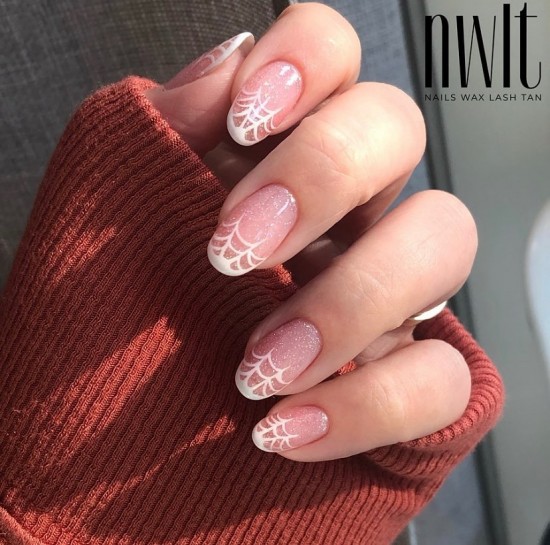 Spider Web French Tip Shimmery Nude Nails