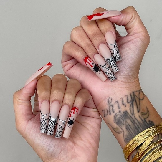 Spiderweb French Tip Coffin Nails