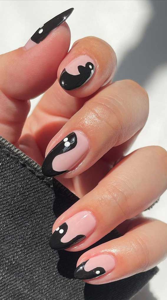 black ghost french tips, black ghost tip nails, modern french manicure halloween, halloween french tip nails