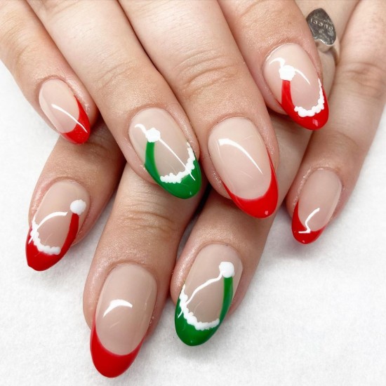 15 Mix and Match Christmas Nail Designs — Green and Red Santa Hat French Tips