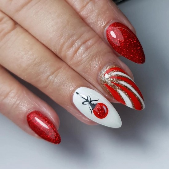 15 Mix and Match Christmas Nail Designs — Gold & Red Candy Cane and Red Bauble Festive Manicure