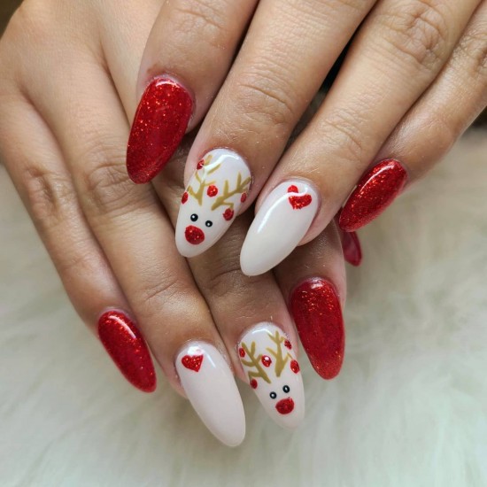 15 Mix and Match Christmas Nail Designs — Glitter Rudolph Red and White Christmas Nails