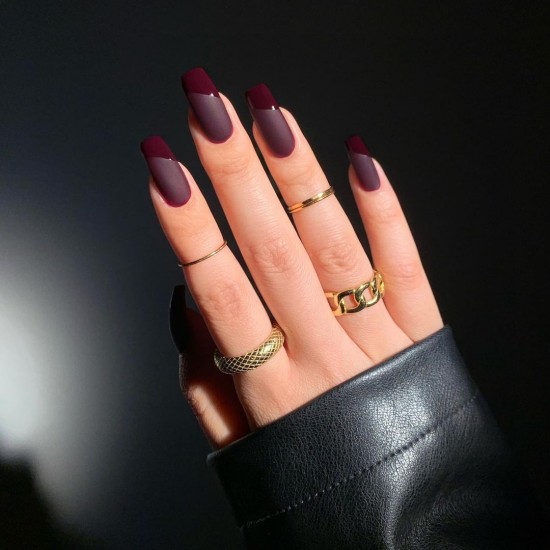 purple matte nails, french glossy tips, french diagonal tips, purple french tip nails, autumn nails 2021