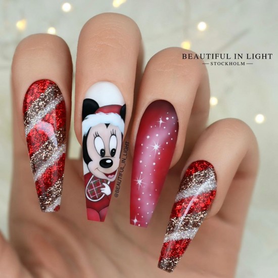 15 Mix and Match Christmas Nail Designs — Glitter & Red Candy Cane and Micky Mouse Christmas Nails