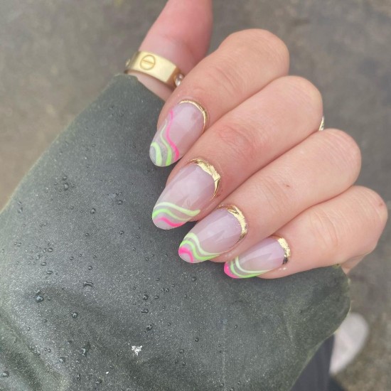 20 Reverse French Manicure Ideas That Are So Cute — Neon Swirl Nails Gold Cuffs