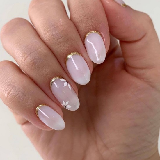 milky white nails with gold cuffs, reverse french nail designs, reverse french tip, french nail designs 2021, french tips, reverse french manicure, reverse french manicure 2021, reverse french nails pink