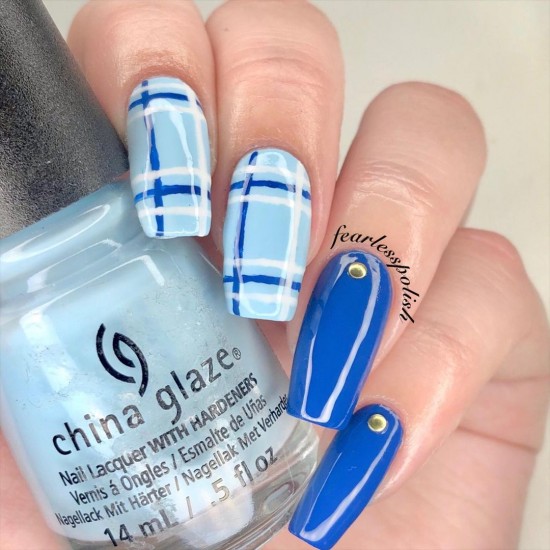 15 Plaid Nail Designs That Are Perfect For Fall : Blue Plaid Nails