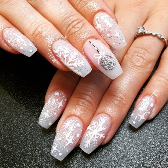 15 White Snowflake Nail Designs — Glitter Snowflake & Bauble Nails