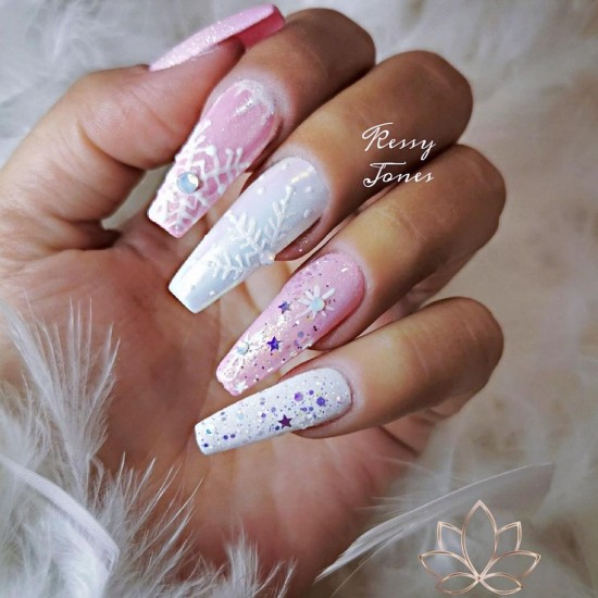 15 White Snowflake Nail Designs — Snowflake on Pink and White Winter Nails