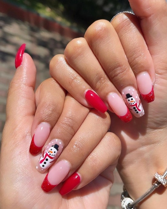 The 25 Prettiest Christmas & Holiday Nails — Snowman and Red Tip Nails