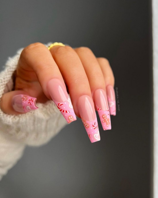 28 Pretty Festive Christmas Nail Art Ideas — Candy Cane & Gingerbread Man Pink Christmas Nails