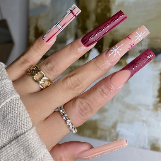 28 Pretty Festive Christmas Nail Art Ideas — Tartan & Snowflake Burgundy Christmas Nails