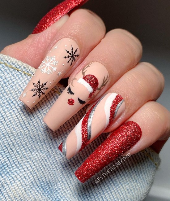 28 Pretty Festive Christmas Nail Art Ideas — Nude Rudolph, Snowflake & Shimmery Red Christmas Nails