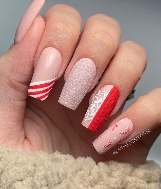 candy cane pink and red christmas nails, christmas nails 2021, christmas nail ideas, christmas gel nails, holiday nails designs, white christmas nails, pink christmas nails, red christmas nails, candy cane nails, snowflake nail designs