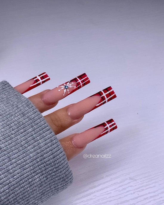 28 Pretty Festive Christmas Nail Art Ideas — Snowflake and Red Tartan Tip Nails