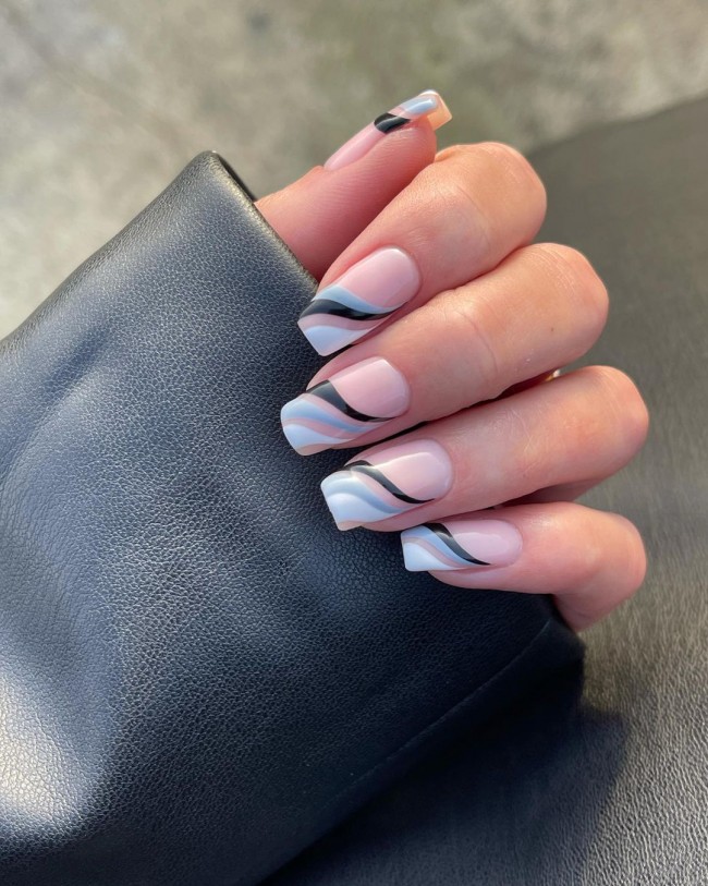 Neutral Nails For a Classic Look To Wear in 2022 — Black, Grey & White Swirl Tips