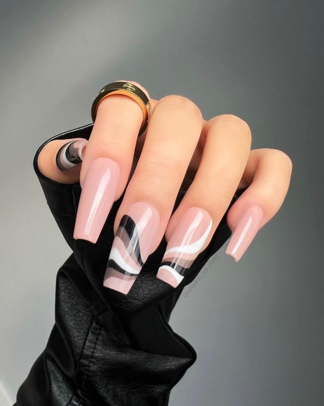 Neutral Nails For a Classic Look To Wear in 2022 — Neutral and Black Swirl Tips