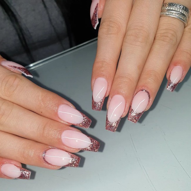 Neutral Nails For a Classic Look To Wear in 2022 — Rose Pink Glitter Tip Nails