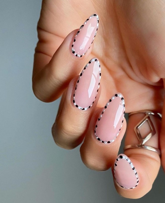 Neutral Nails For a Classic Look To Wear in 2022 — Black and White Dot Outline Neutral Nails