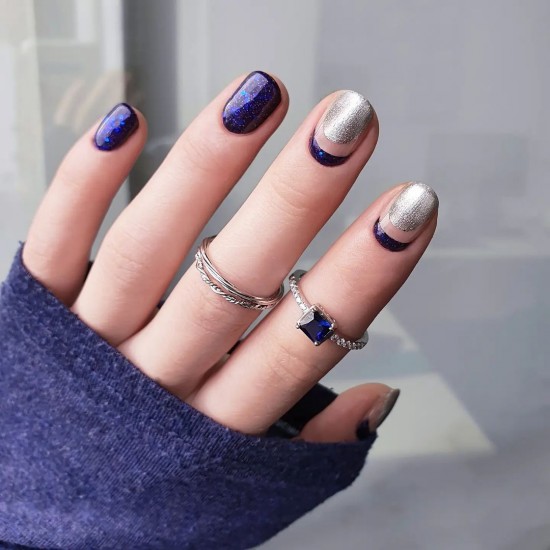 25 Awesome New Year’s Eve Nail Art Ideas : Metallic Silver and Indigo Abstract Nails