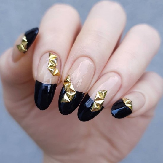 25 Awesome New Year’s Eve Nail Art Ideas : Black French and Gold Studs