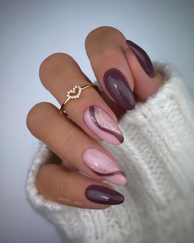 25 Nude Nails with Glitter You’ll Adore : Plum, Nude and Glitter Nails