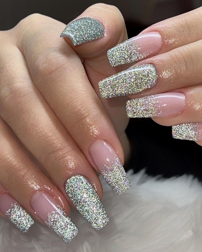 25 Nude Nails with Glitter You’ll Adore : Reflection Gel Glitter Tip Nail Design