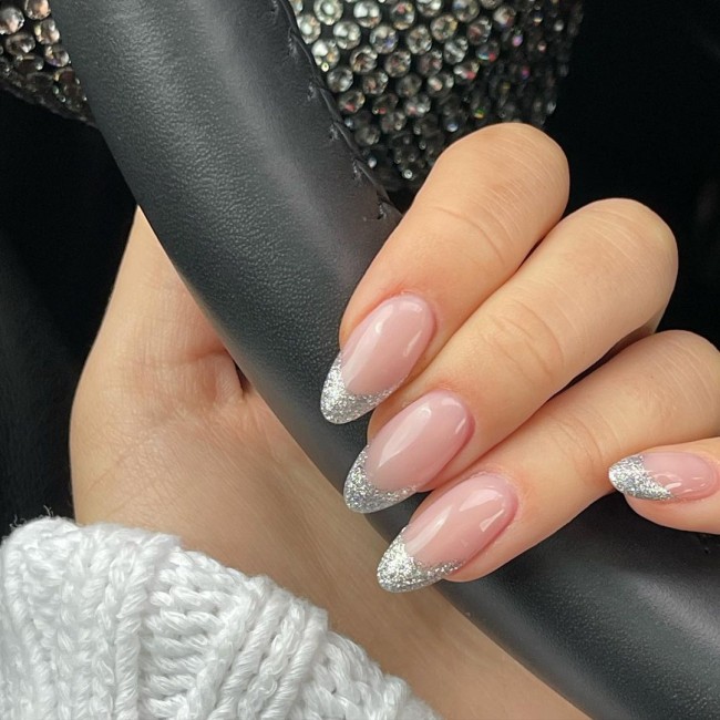 25 Nude Nails with Glitter You’ll Adore : Sparkle Silver French Tip Nails