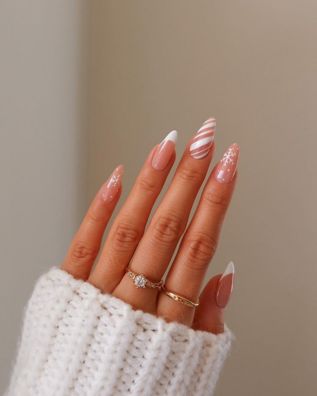 30 White Christmas Nails That Are So Trendy — White Candy Cane, White French Tip