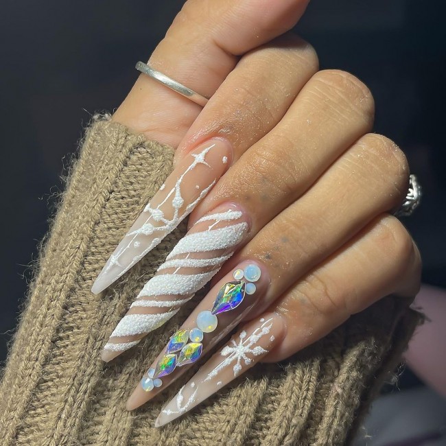 30 White Christmas Nails That Are So Trendy — Textured White Christmas Stiletto Nails