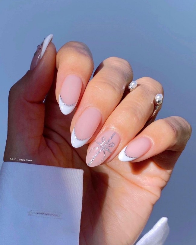 30 White Christmas Nails That Are So Trendy — White Tip Nails & Silver Snowflake