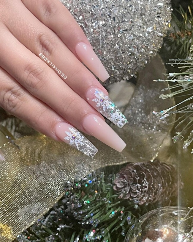 30 White Christmas Nails That Are So Trendy — Translucent Snowflake Holiday Nails