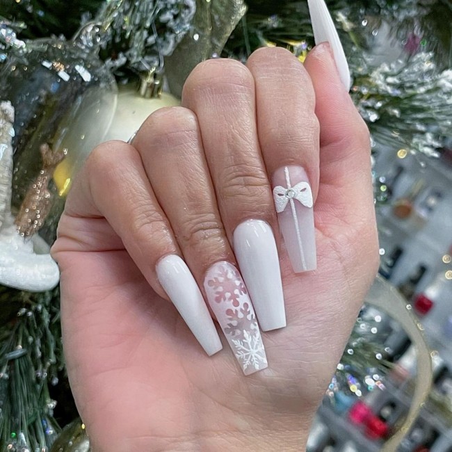 30 White Christmas Nails That Are So Trendy — White Ribbon & Snowflake Milky White Festive Nails