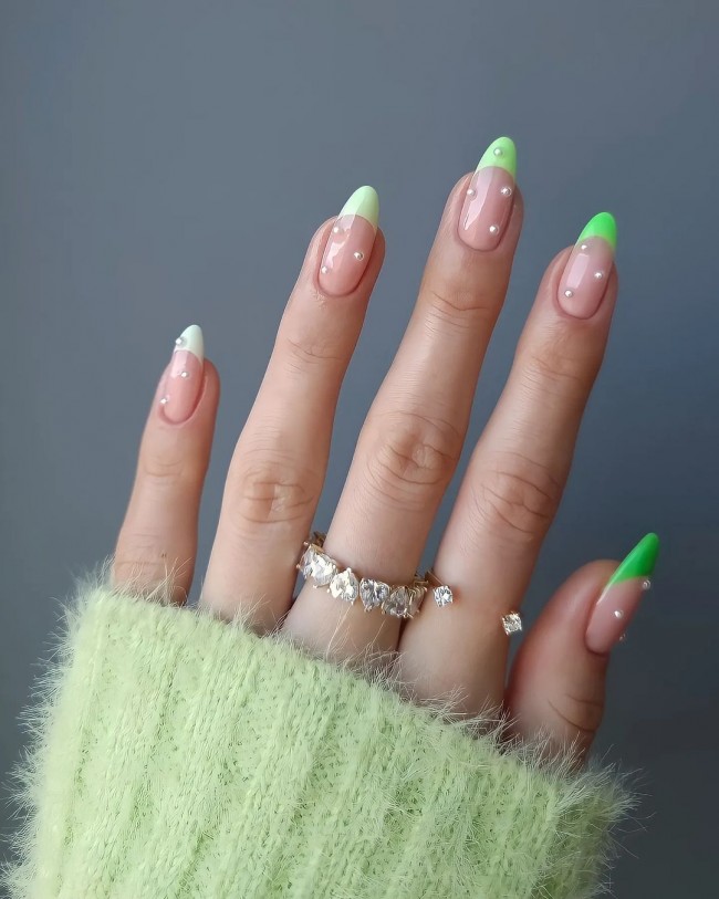 pastel green french tips, pearl nail art design, green french manicure, nude nails