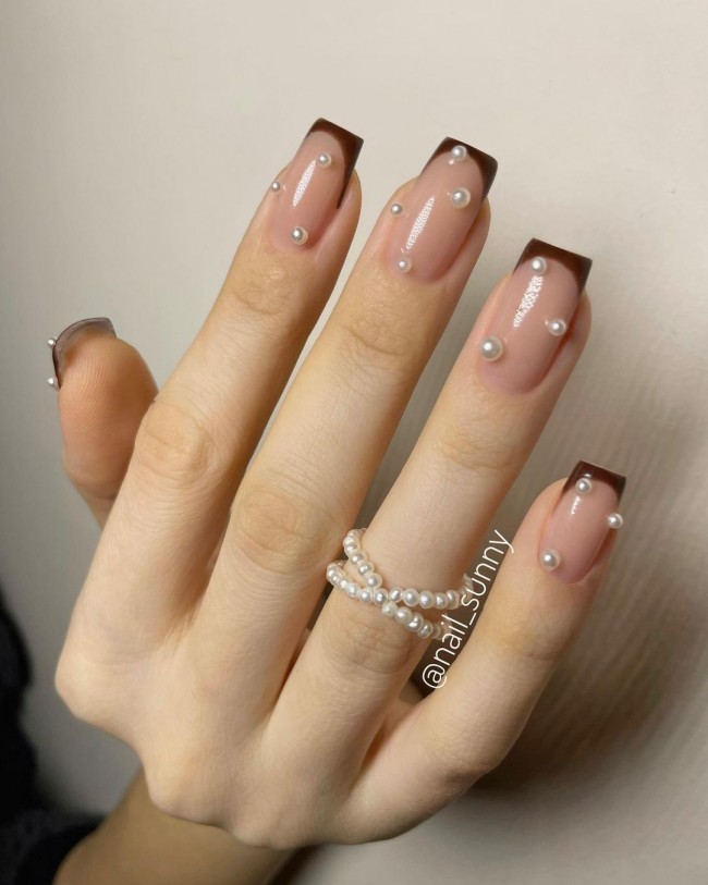 brown french nails with pearls, pearl nail art design, nude nails with design