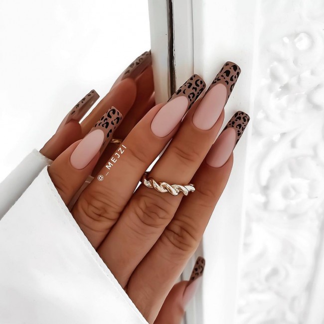 cheetah print french manicure, nude nails 2022, leopard nail art design, acrylic nail art design