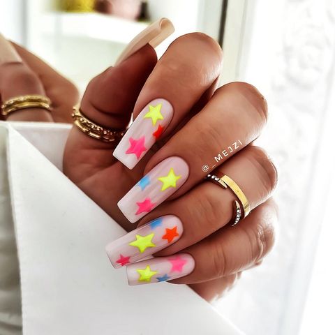 neon star nude nails, nude nails 2022, nude nails with design