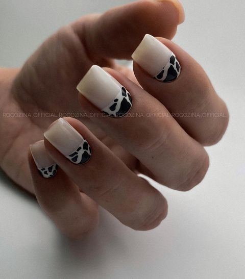 reverse french nail designs, cow print nails, modern cow print nails, cow print reverse french manicure