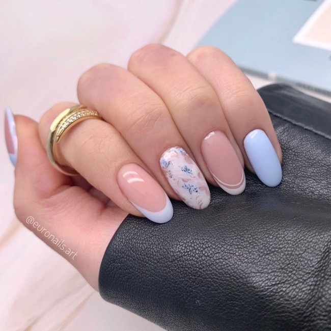 70 Spring Nail Designs 2022 That You Should Try — Floral, French and Blue Mixed Design Nails