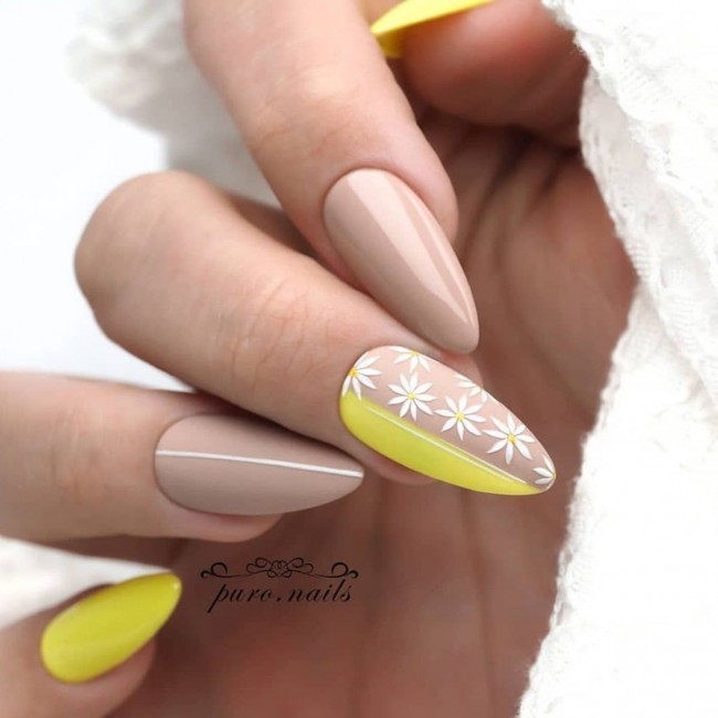 70 Spring Nail Designs 2022 That You Should Try —  Daisy Nude and Yellow Almond Nails