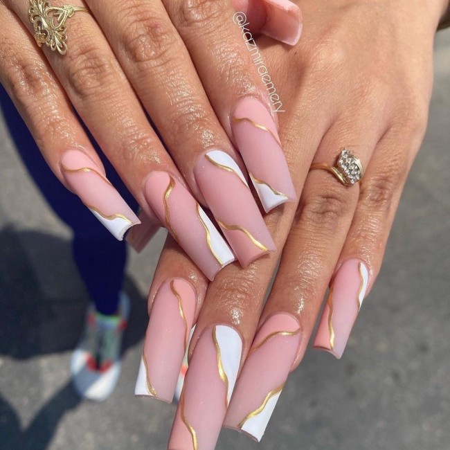 70 Spring Nail Designs 2022 That You Should Try — Gold and White Acrylic Nails