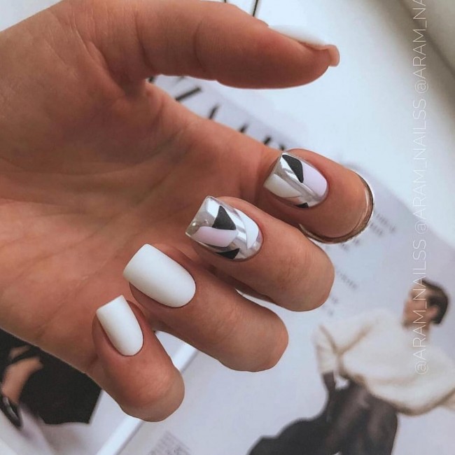 70 Spring Nail Designs 2022 That You Should Try — Abstract Chrome and White Nails