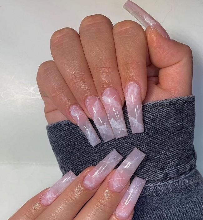 70 Spring Nail Designs 2022 That You Should Try — Soft Marble Acrylic Coffin Nails