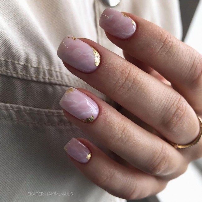 70 Spring Nail Designs 2022 That You Should Try — Rose Quartz with Gold Flakes