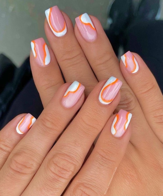 70 Spring Nail Designs 2022 That You Should Try — White and Orange Abstract Nails