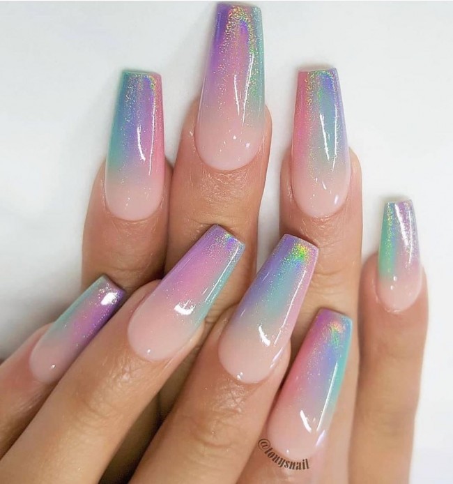 70 Spring Nail Designs 2022 That You Should Try — Ombre Shimmery Unicorn Color Coffin Nail Art