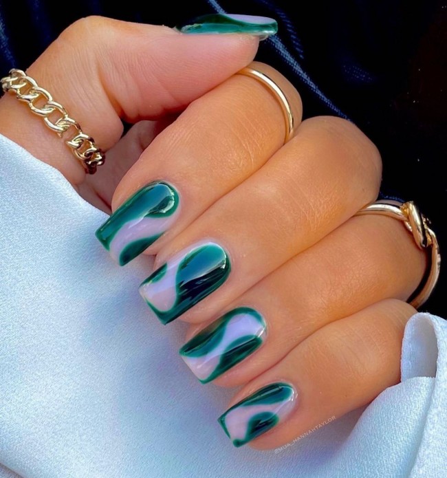 50+ Green Nail Designs To Try This Year — Abstract Dark Green Glossy Short Nails