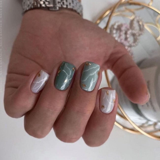 50+ Green Nail Designs To Try This Year — Shades of Green Marble & White Nails